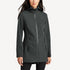 Front view of women’s gray long waterproof rain shell on model – Louvóre apparel